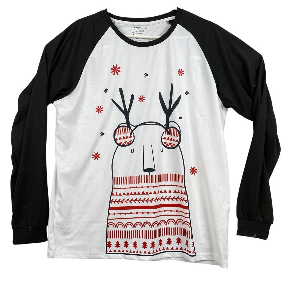 Christmas Reindeer Graphic Long Sleeve Raglan Shirt L SANQIANG 100% Polyester Un